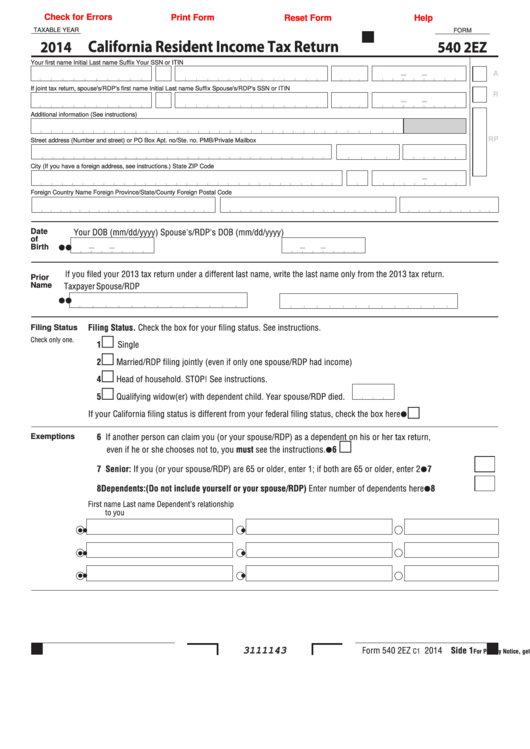 Form 540 2ez - California Resident Income Tax Return - 2014