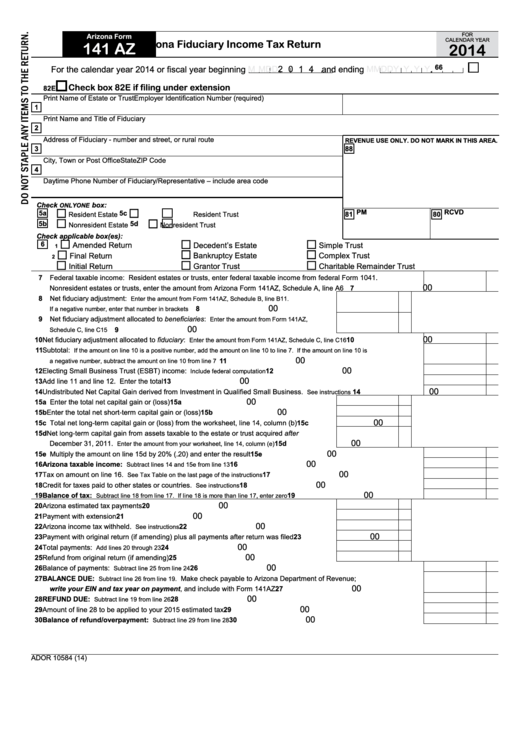 Fillable Arizona Form 141 Az - Arizona Fiduciary Income Tax Return - 2014 Printable pdf