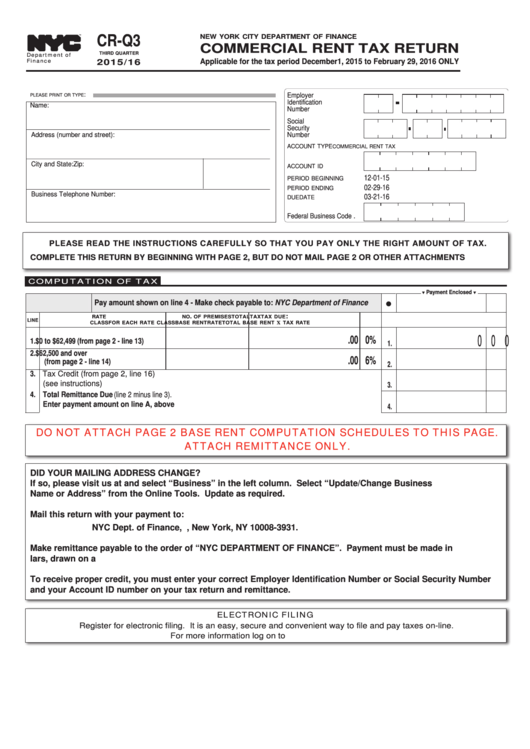 Fillable Form Cr-Q3 - Commercial Rent Tax Return Printable pdf