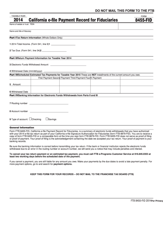 Form 8455-Fid - California E-File Payment Record For Fiduciaries - 2014 Printable pdf