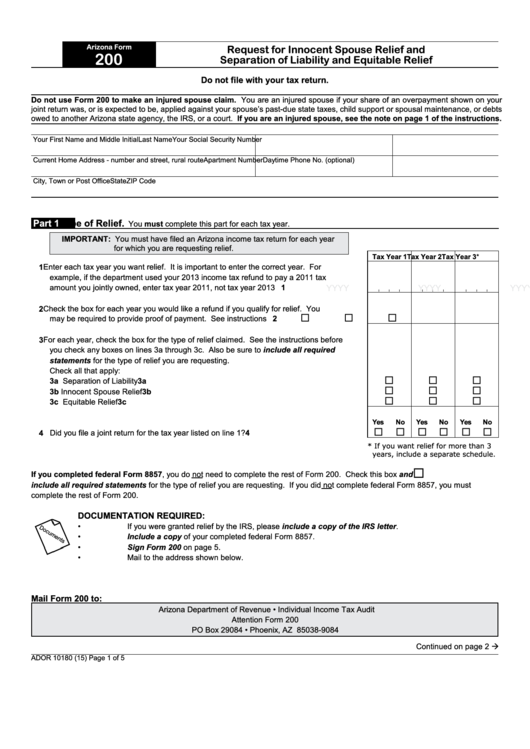 Fillable Arizona Form 200 - Request For Innocent Spouse Relief And Separation Of Liability And Equitable Relief Printable pdf