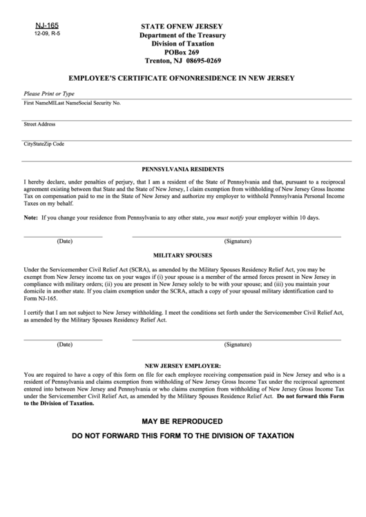 Fillable Form Nj 165 Employee S Certificate Of Nonresidence In New