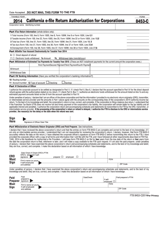 Form 8453-C - California E-File Return Authorization For Corporations - 2014 Printable pdf