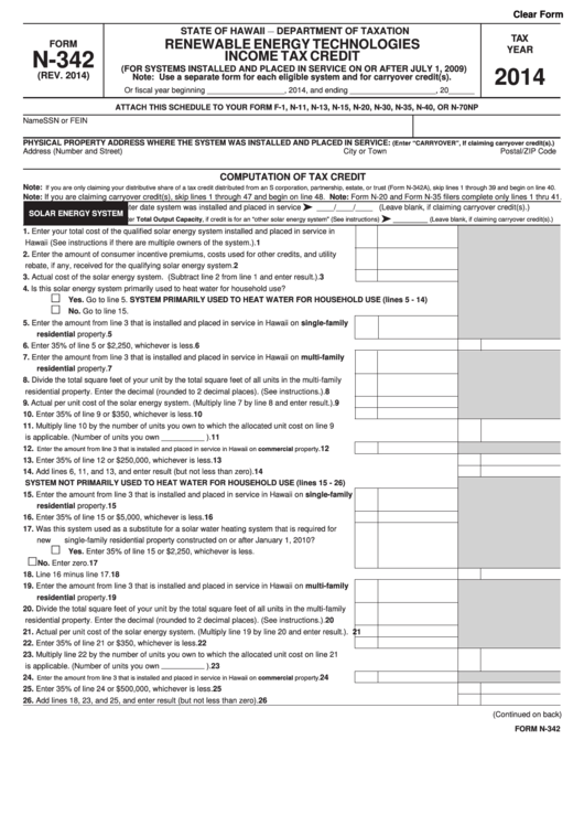 Form N-342 - Renewable Energy Technologies Income Tax Credit - 2014