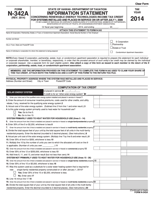 Fillable Form N-342a - Information Statement Concerning Renewable Energy Technologies Income Tax Credit - 2014 Printable pdf