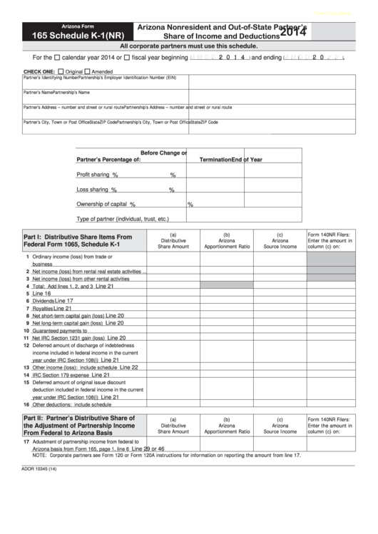 Fillable Schedule K-1(Nr) (Arizona Form 165) - Arizona Nonresident And