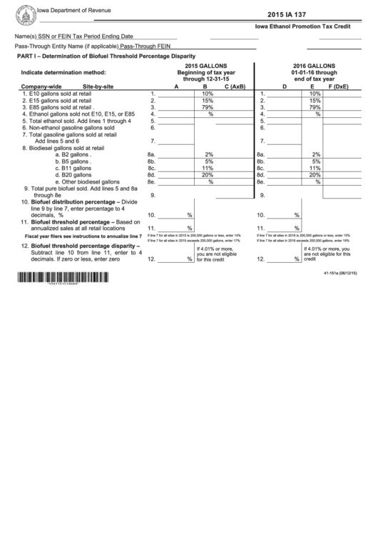 Fillable Form Ia 137 - Iowa Ethanol Promotion Tax Credit - 2015 Printable pdf