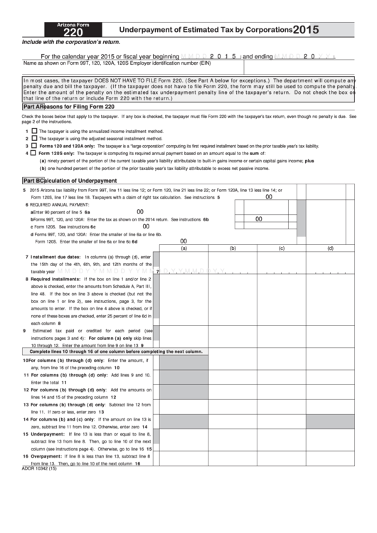 Fillable Arizona Form 220 - Underpayment Of Estimated Tax By Corporations - 2015 Printable pdf
