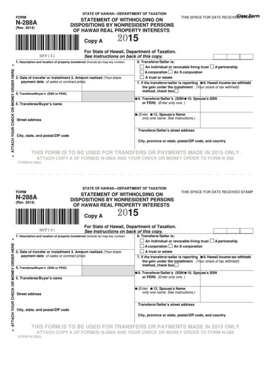 Fillable Form N-288a - Statement Of Withholding On Dispositions By Nonresident Persons Of Hawaii Real Property Interests - 2015 Printable pdf