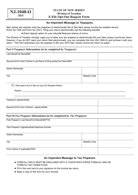 Fillable Form Nj-1040-O - E-File Opt-Out Request Form - 2015 Printable pdf