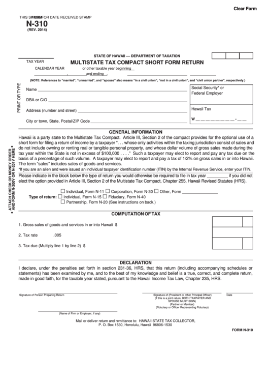 Fillable Form N-310 - Multistate Tax Compact Short Form Return Printable pdf