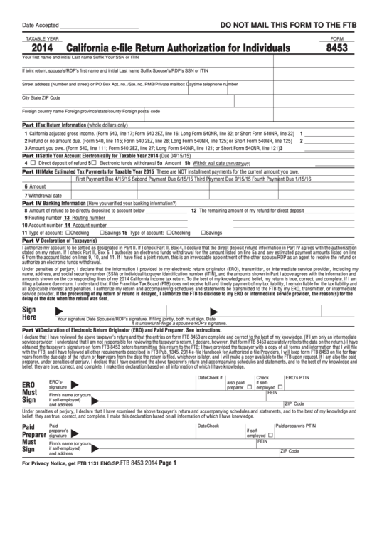 Form 8453 - California E-File Return Authorization For Individuals - 2014 Printable pdf