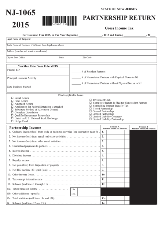 Fillable Form Nj-1065 - Partnership Return Gross Income Tax - 2015 Printable pdf