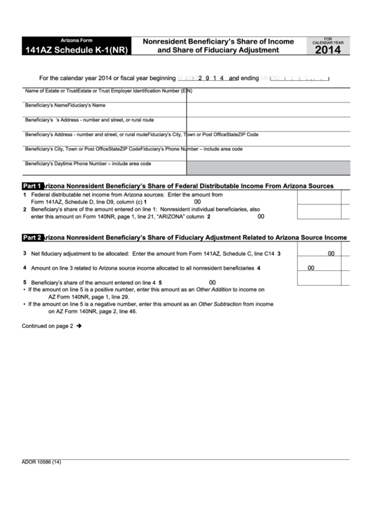 Fillable Schedule K-1(Nr) (Arizona Form 141az) - Nonresident Beneficiary