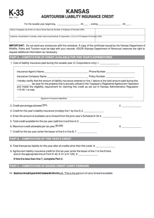 Fillable Schedule K-33 - Kansas Agritourism Liability Insurance Credit Printable pdf