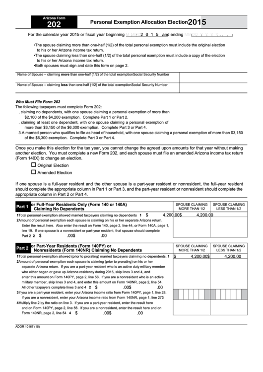 Fillable Arizona Form 202 - Personal Exemption Allocation Election - 2015 Printable pdf