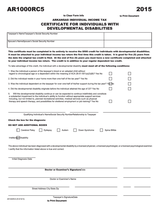 Fillable Form Ar1000rc5 - Certificate For Individuals With Developmental Disabilities - 2015 Printable pdf