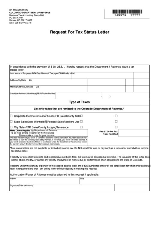 Fillable Form Dr 0096 - Request For Tax Status Letter Printable pdf