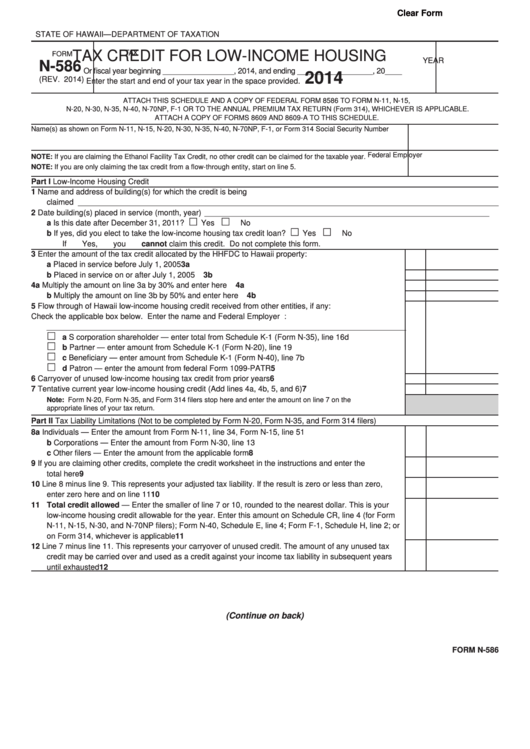 Form N-586 - Tax Credit For Low-income Housing - 2014