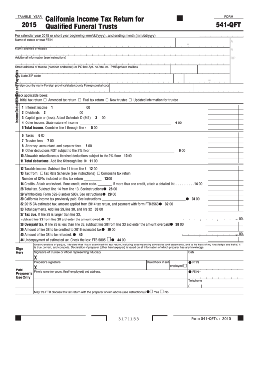 Fillable Form 541-Qft - California Income Tax Return For Qualified Funeral Trusts - 2015 Printable pdf