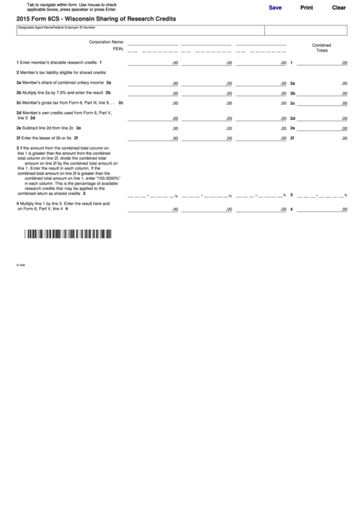 Fillable Form 6cs - Wisconsin Sharing Of Research Credits - 2015 Printable pdf