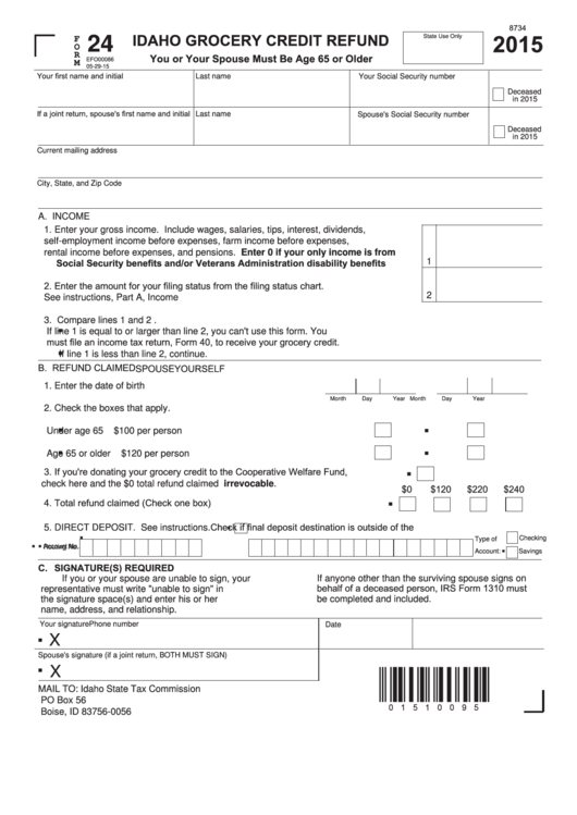 Fillable Form 24 - Idaho Grocery Credit Refund - 2015 Printable pdf