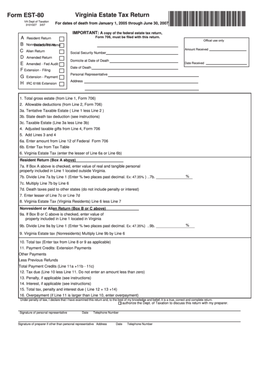 Form Est-80 - Virginia Estate Tax Return Printable pdf