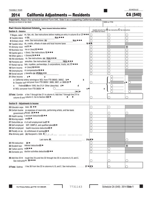 Fillable Schedule Ca (540) - California Adjustments - Residents - 2014 Printable pdf