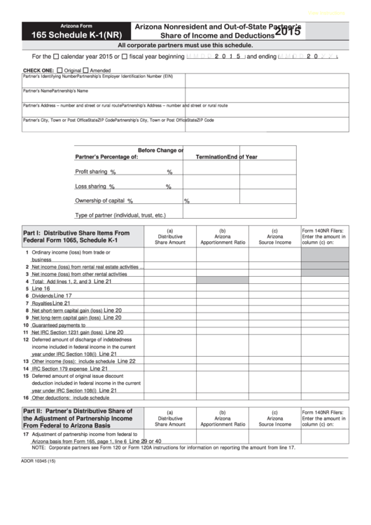 Fillable Schedule K-1(Nr) (Arizona Form 165) - Arizona Nonresident And Out-Of-State Partner