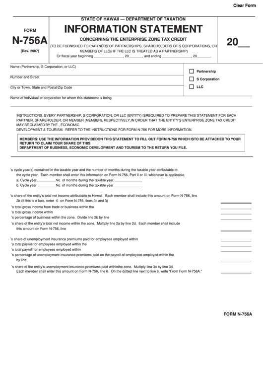Form N-756a - Information Statement - Concerning The Enterprise Zone Tax Credit