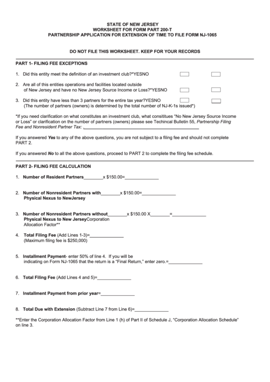 Fillable Worksheet For Form Part 200-T - Partnership Application For Extension Of Time To File Form Nj-1065 Printable pdf