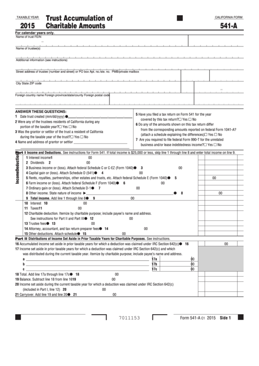 California Form 541-A - Trust Accumulation Of Charitable Amounts - 2015 Printable pdf