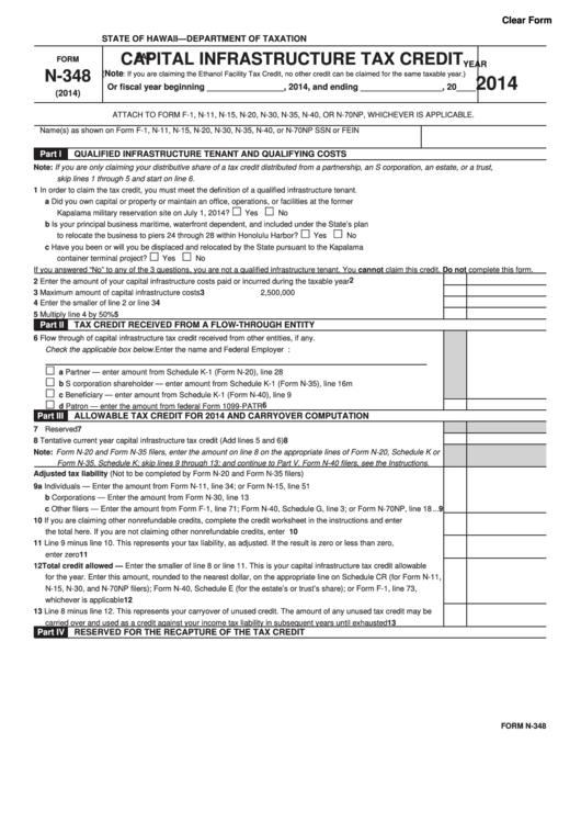 Fillable Form N-348 - Capital Infrastructure Tax Credit - 2014 Printable pdf