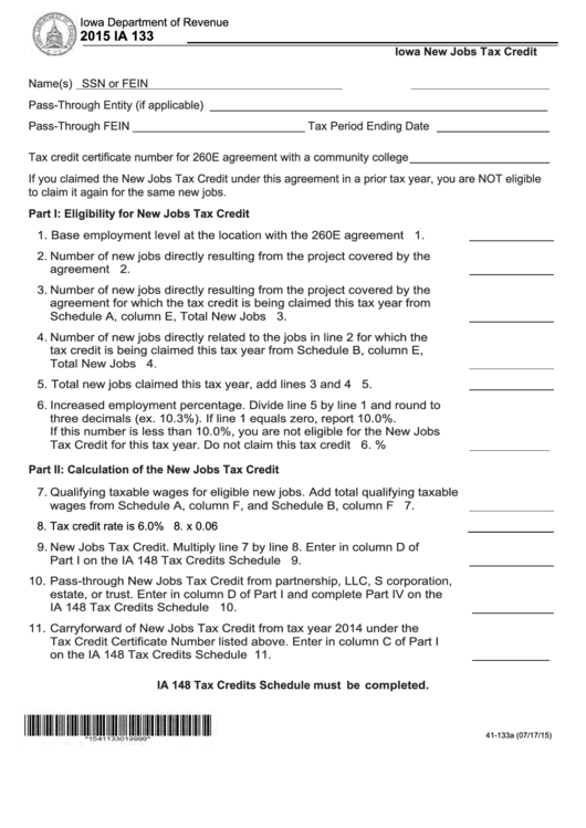Fillable Form Ia 133 - Iowa New Jobs Tax Credit - 2015 Printable pdf