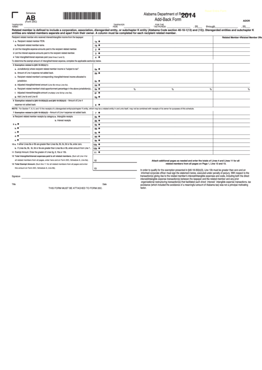 Fillable Schedule Ab (Form 20c) - Alabama Add-Back Form - 2014 Printable pdf
