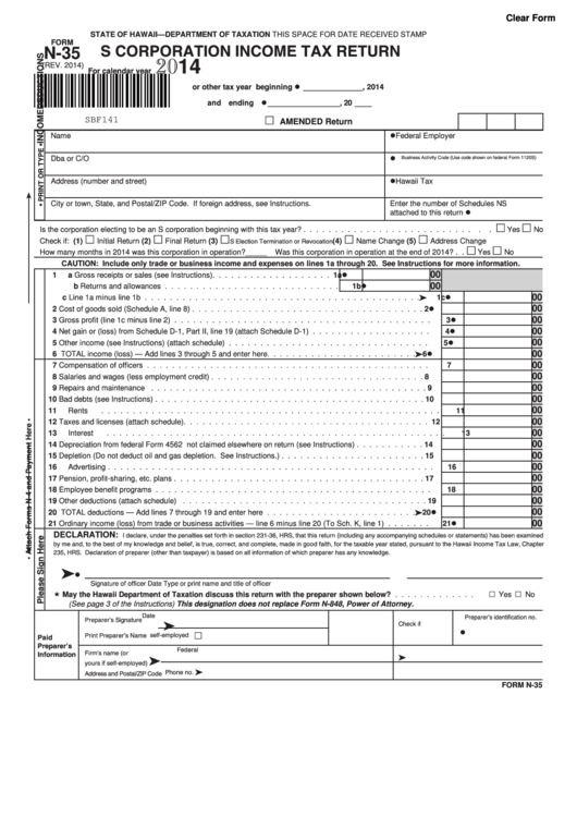 Form N-35 - S Corporation Income Tax Return - 2014