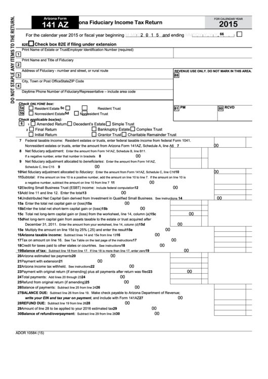 Fillable Arizona Form 141 Az - Arizona Fiduciary Income Tax Return - 2015 Printable pdf