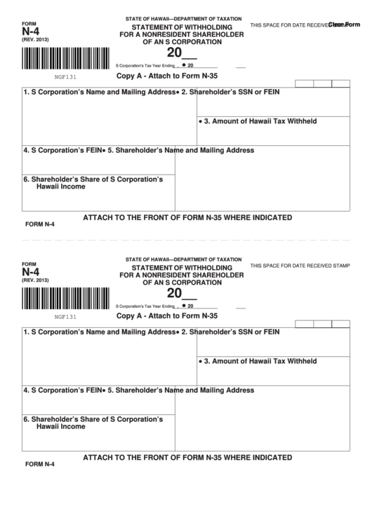 Fillable Form N-4 - Statement Of Withholding For A Nonresident Shareholder Of An S Corporation Printable pdf