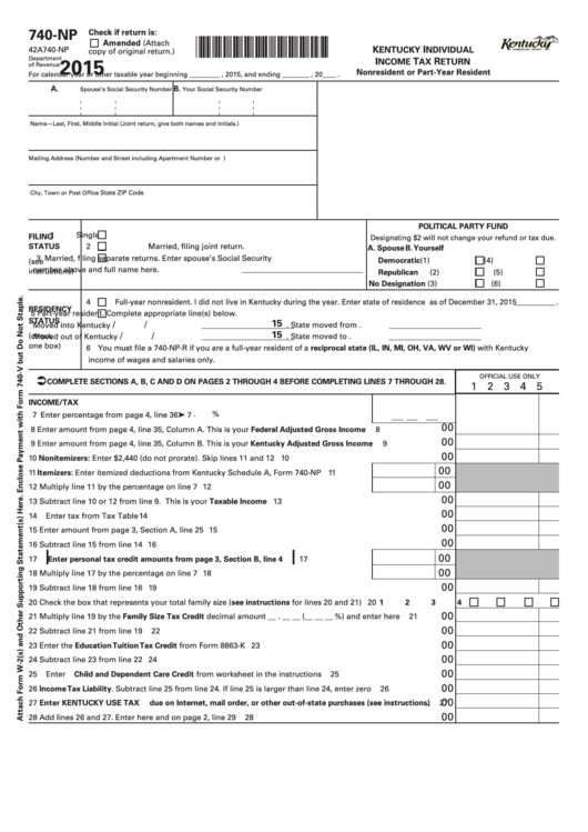 Fillable Form 740-Np - Kentucky Individual Incometax Return - 2015 Printable pdf