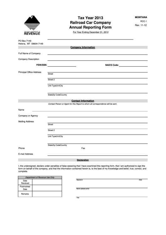 Fillable Form Rcc-1 - Railroad Car Company Annual Reporting Form - 2013 Printable pdf