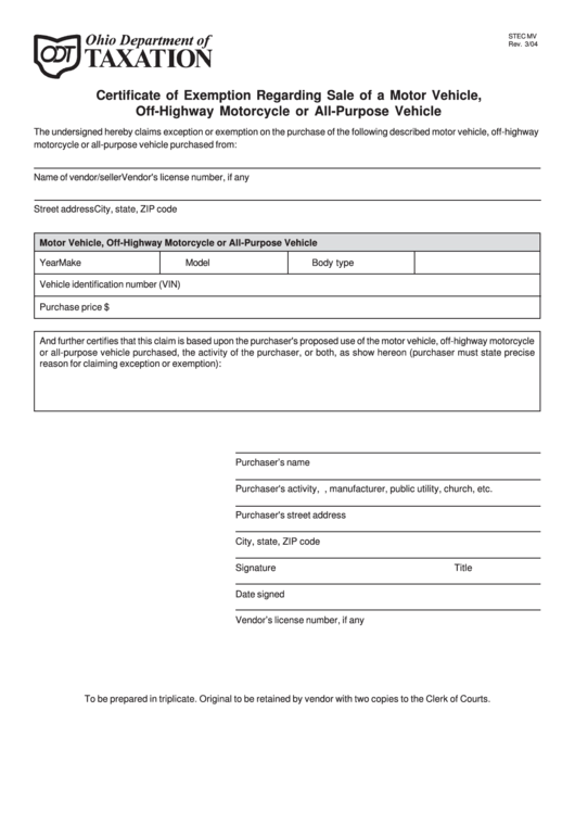 Fillable Form Stec Mv - Certificate Of Exemption Regarding Sale Of A Motor Vehicle, Off-Highway Motorcycle Or All-Purpose Vehicle Printable pdf
