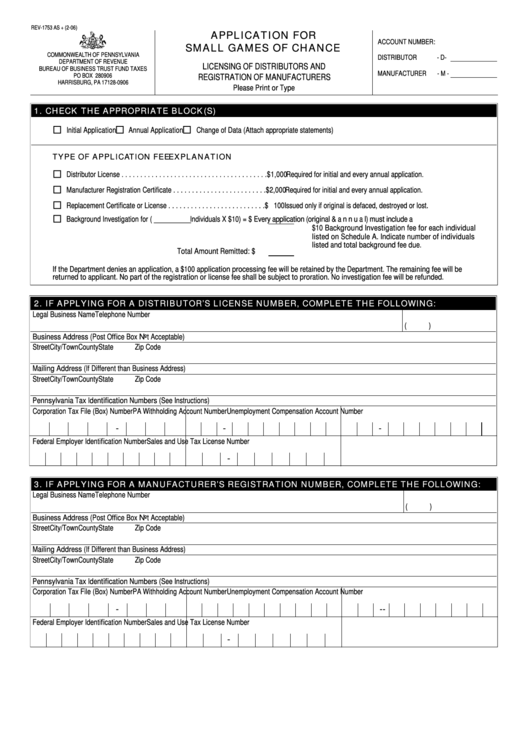 Form Rev-1753 - Application For Small Games Of Chance Printable pdf