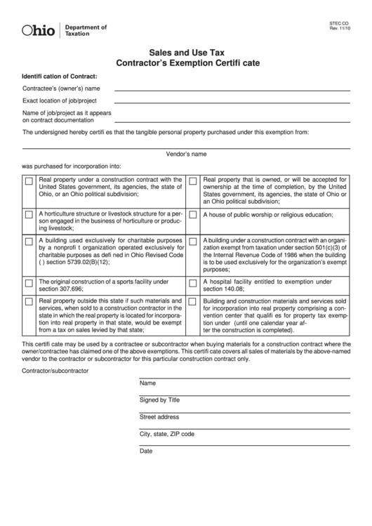 Fillable Form Stec Co - Sales And Use Tax Contractor