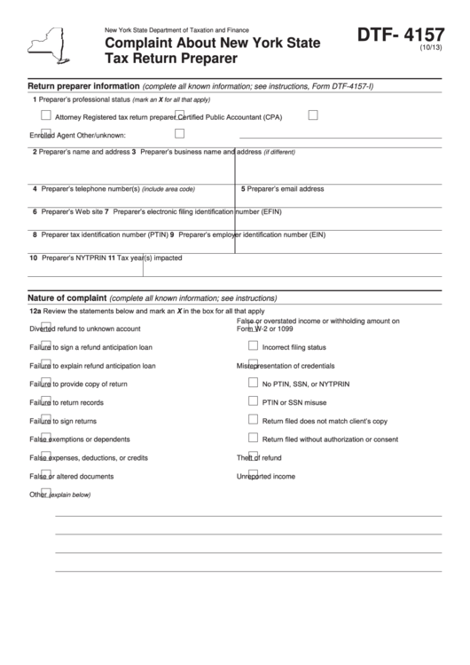 Form Dtf-4157 - Complaint About New York State Tax Return Preparer Printable pdf