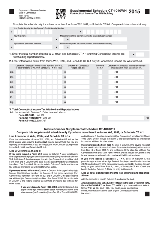 Supplemental Schedule Ct-1040wh - Connecticut Income Tax Withholding - 2015 Printable pdf