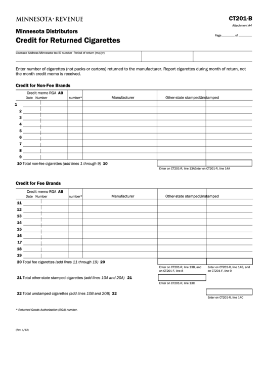 Fillable Form Ct201-B - Minnesota Distributors Credit For Returned Cigarettes Printable pdf