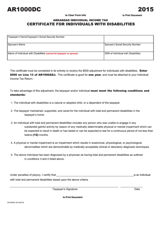 Fillable Form Ar1000dc - Certificate For Individuals With Disabilities - 2015 Printable pdf