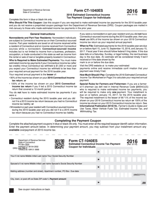 Form Ct-1040es - Estimated Connecticut Income Tax Payment Coupon For Individuals - 2016 Printable pdf