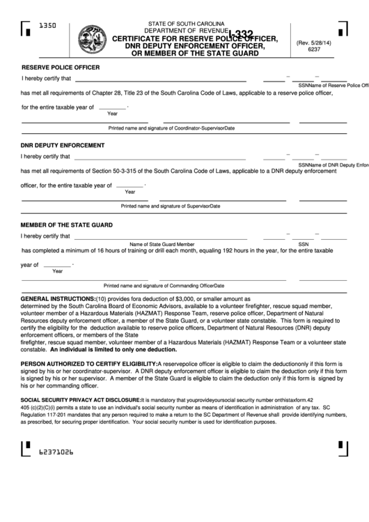 Form I-332 - Certificate For Reserve Police Officer, Dnr Deputy Enforcement Officer, Or Member Of The State Guard Printable pdf