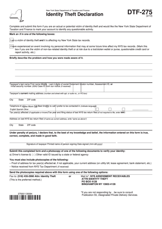Fillable Form Dtf-275 - Identity Theft Declaration Printable pdf